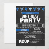 Blue Chevron Chalkboard Birthday Invitation Kaart (Voorkant / Achterkant)