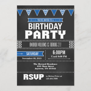 Blue Chevron Chalkboard Birthday Invitation Kaart