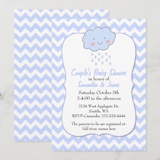 Blue Chevron Couple's Baby shower Invitation Kaart (Voorkant / Achterkant)