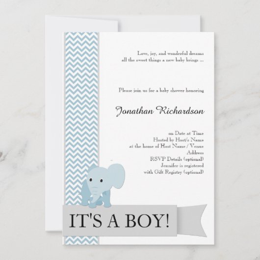 Blue Chevron Elephant Baby shower Kaart (Voorkant)