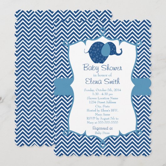 Blue Chevron Elephant Baby shower Kaart (Voorkant / Achterkant)