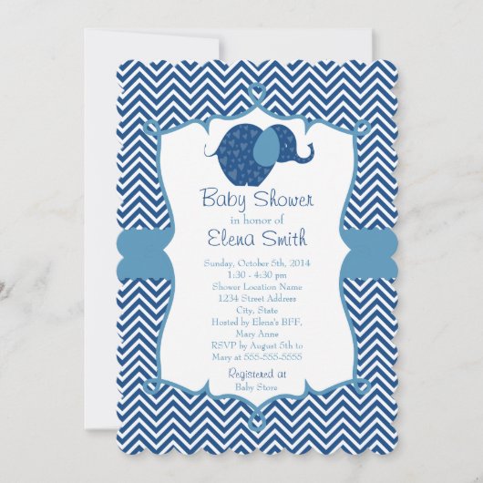 Blue Chevron Elephant Baby shower Kaart (Voorkant)