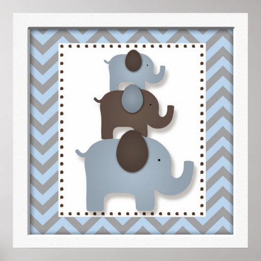 Blue Chevron Elephant Nursery Wall Art Poster (Voorkant)