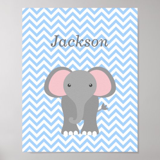 Blue Chevron Elephant Personalized Nursery Decor Poster (Voorkant)