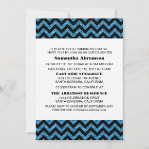 Blue Chevron Glitter Bat Mitzvah Invite Kaart