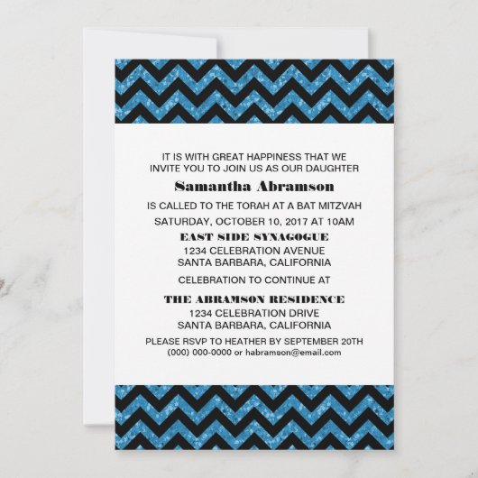 Blue Chevron Glitter Bat Mitzvah Invite Kaart (Voorkant)
