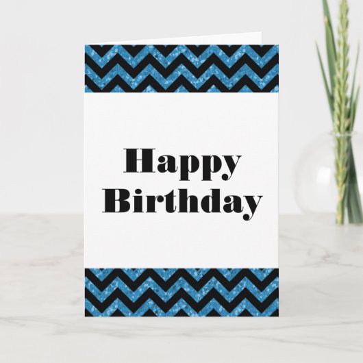 Blue Chevron Glitter Happy Birthday Kaart (Voorkant)