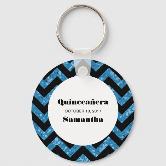 Blue Chevron Glitter Quinceañera Sleutelhanger (Voorkant)
