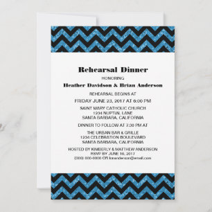 Blue Chevron Glitter Rehearsal Dinner Invite Kaart