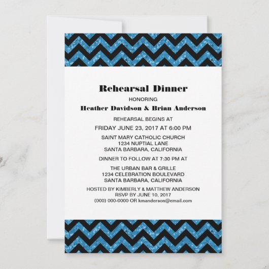 Blue Chevron Glitter Rehearsal Dinner Invite Kaart (Voorkant)