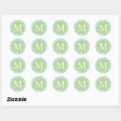 Blue Chevron Green Monogram Ronde Sticker (Vel)