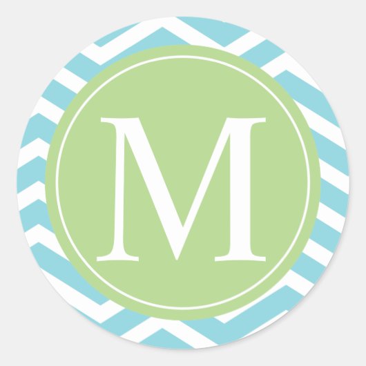 Blue Chevron Green Monogram Ronde Sticker (Voorkant)