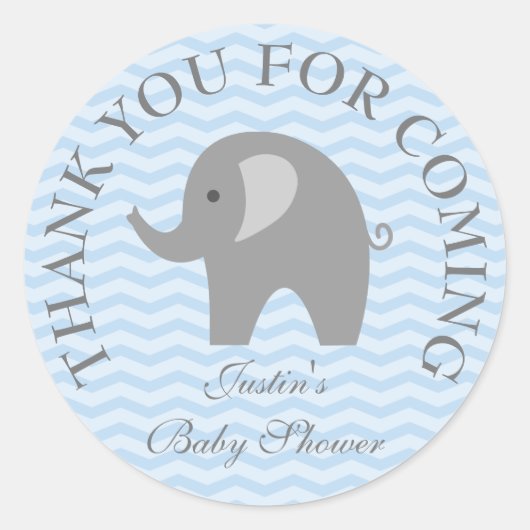 Blue chevron grijs olifant boy babyshower stickers (Voorkant)