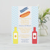 Blue Chevron Hotdog BBQ Baby shower Uitnodiging (Staand voorkant)