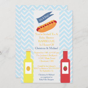 Blue Chevron Hotdog BBQ Baby shower Uitnodiging