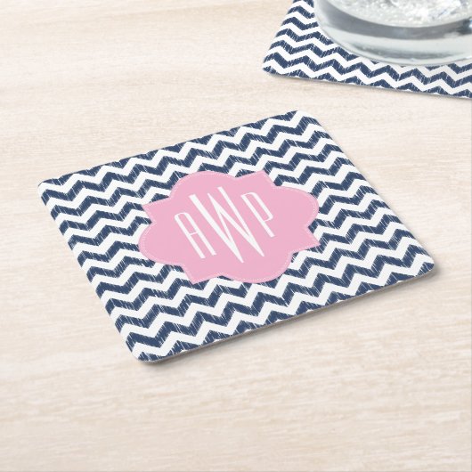 Blue Chevron Ikat Monogram Kartonnen Onderzetters (Schuin)