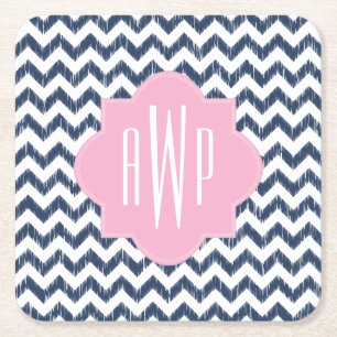 Blue Chevron Ikat Monogram Kartonnen Onderzetters