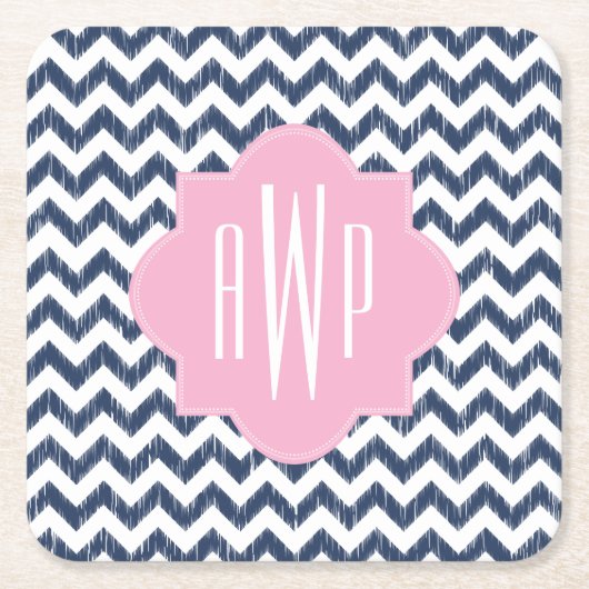 Blue Chevron Ikat Monogram Kartonnen Onderzetters (Voorkant)