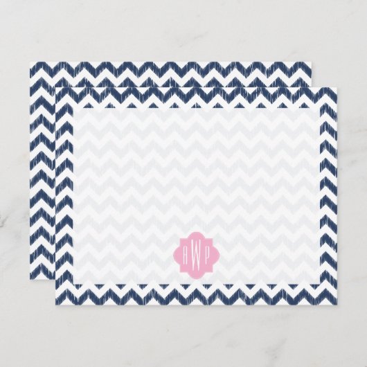 Blue Chevron Ikat Monogrammed Flat Notecard Notitiekaartje (Voorkant / Achterkant)