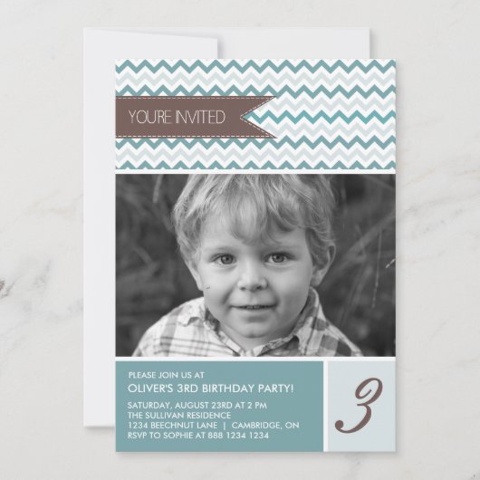 Blue Chevron Mod Photo Birthday Party Invitation Kaart (Voorkant)