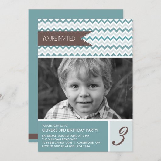 Blue Chevron Mod Photo Birthday Party Invitation Kaart (Voorkant / Achterkant)