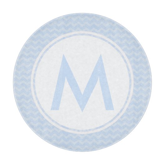 Blue Chevron Monogram Glass Cutting Board 12" Snijplank (Voorkant)