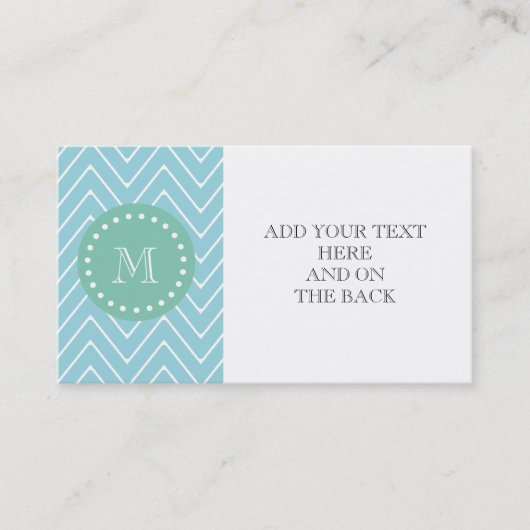 Blue Chevron Pattern | Munt Green Monogram Visitekaartje (Voorkant)