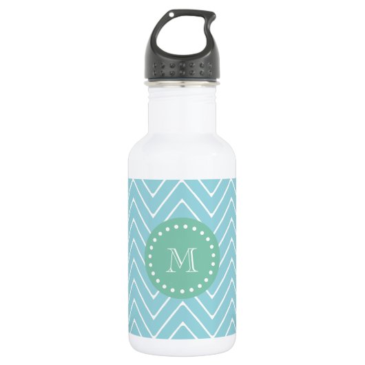 Blue Chevron Pattern | Munt Green Monogram Waterfles (Voorkant)