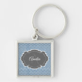 Blue Chevron Personalized Button Sleutelhanger (Voorkant)