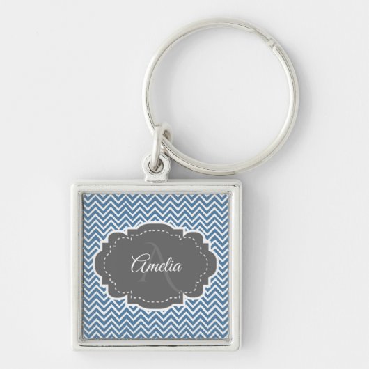 Blue Chevron Personalized Button Sleutelhanger (Voorkant)