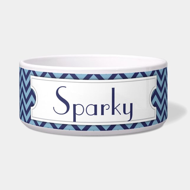 Blue Chevron Personalized Pet Bowl Voerbakje (Voorkant)