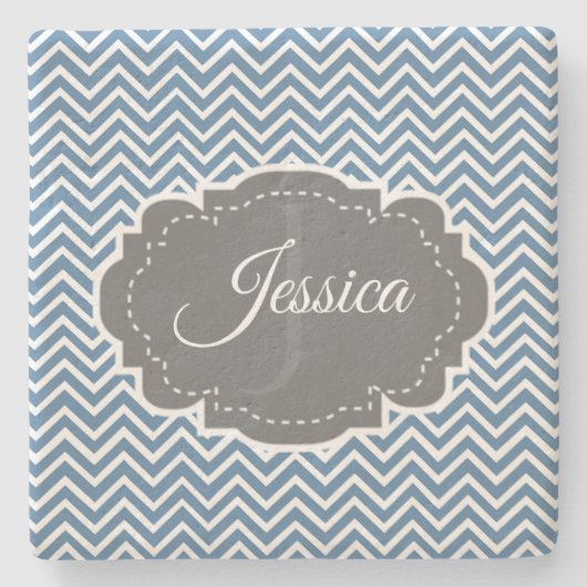 Blue Chevron Personalized Stone Onderzetter (Voorkant)