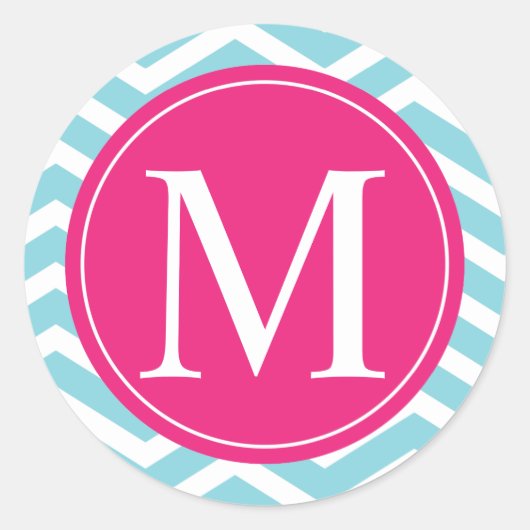 Blue Chevron Pink Monogram Ronde Sticker (Voorkant)