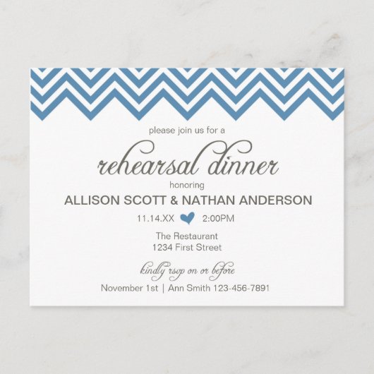 Blue Chevron Rehearsal Dinner Invite Briefkaart (Voorkant)