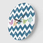 Blue Chevron Stripes Whimsical Cute Birds Ownershi Grote Klok (Hoek)