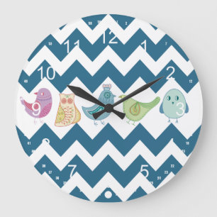 Blue Chevron Stripes Whimsical Cute Birds Ownershi Grote Klok