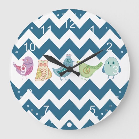 Blue Chevron Stripes Whimsical Cute Birds Ownershi Grote Klok (Voorkant)