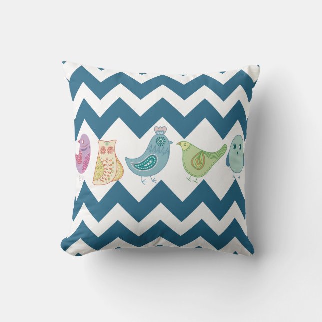 Blue Chevron Stripes Whimsical Cute Birds Ownershi Kussen (Voorkant)