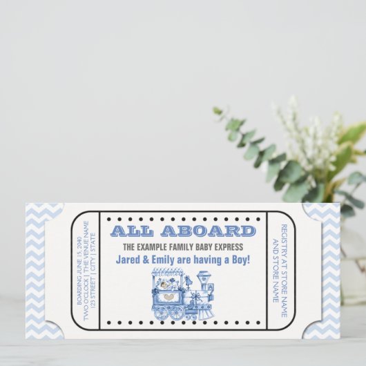 Blue Chevron  Train Ticket Baby shower Kaart (Staand voorkant)