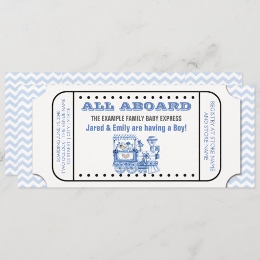 Blue Chevron  Train Ticket Baby shower Kaart (Voorkant / Achterkant)