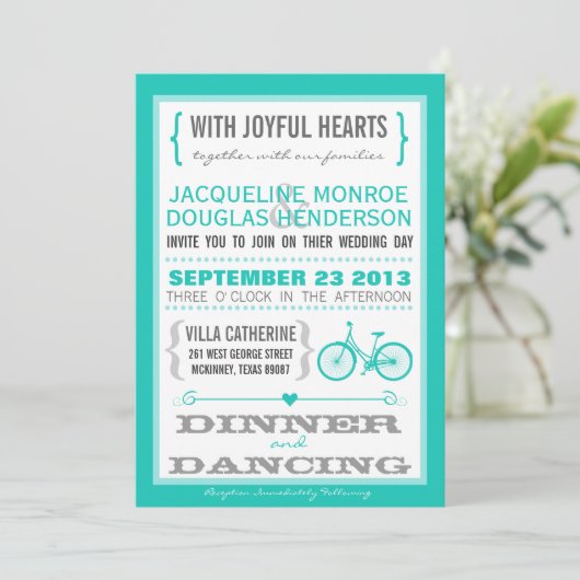 Blue Chevron Trendy Bicycle Hearts Wedding Invite Kaart (Staand voorkant)