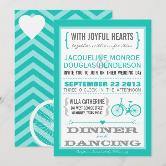 Blue Chevron Trendy Bicycle Hearts Wedding Invite Kaart (Voorkant / Achterkant)