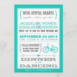 Blue Chevron Trendy Bicycle Hearts Wedding Invite Kaart