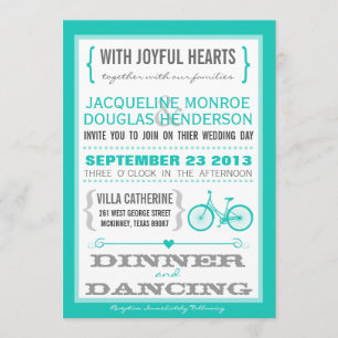 Blue Chevron Trendy Bicycle Hearts Wedding Invite Kaart