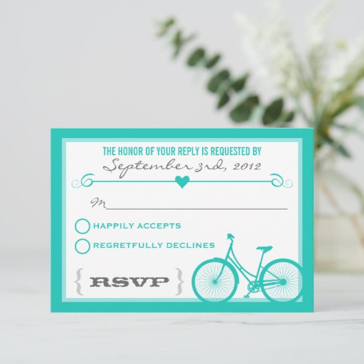 Blue Chevron Trendy Bicycle Hearts Wedding RSVP (Staand voorkant)