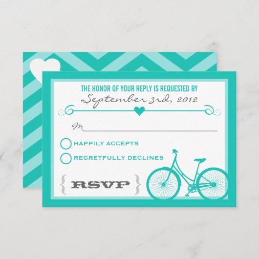 Blue Chevron Trendy Bicycle Hearts Wedding RSVP (Voorkant / Achterkant)