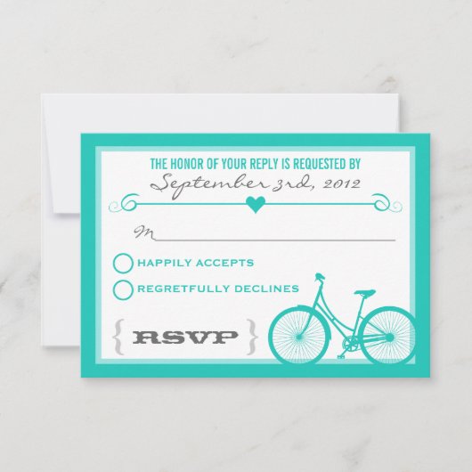 Blue Chevron Trendy Bicycle Hearts Wedding RSVP Kaartje (Voorkant)