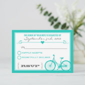 Blue Chevron Trendy Bicycle Hearts Wedding RSVP Kaartje (Staand voorkant)