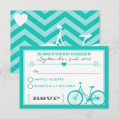 Blue Chevron Trendy Bicycle Hearts Wedding RSVP Kaartje (Voorkant / Achterkant)