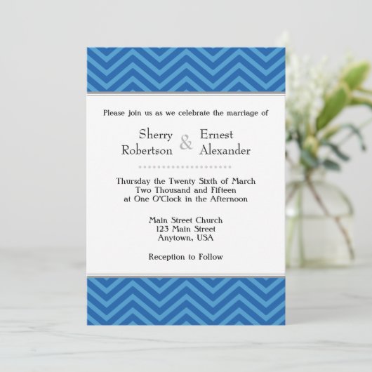 Blue Chevron Wedding Invitations Kaart (Staand voorkant)
